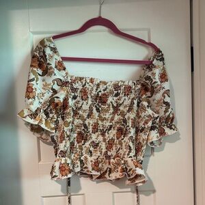 💥3 for $12💥 Forever 21 Floral Ruffled Blouse - Cream and Brown